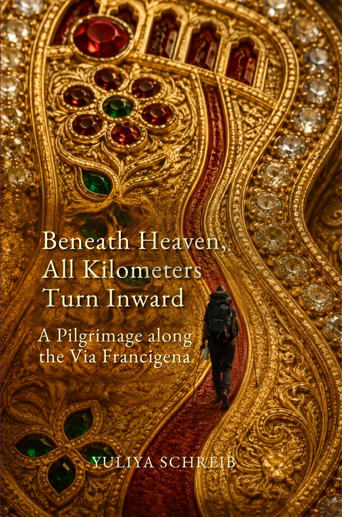 Cover of Beneath Heaven, All Kilometers Turn Inward by Yuliya Schreib — a pilgrim walking a red path through gilded, jewelled ornament.
